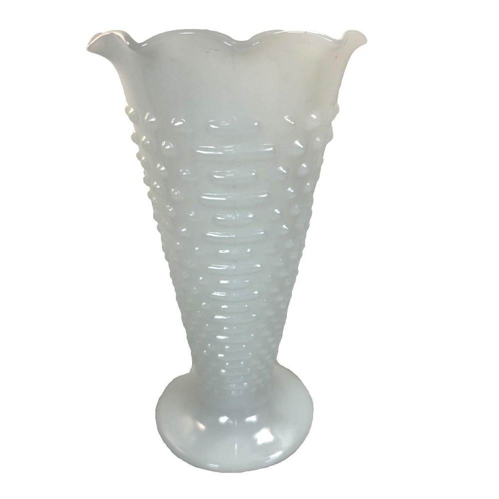 Vtg White Milk Glass Hobnail Vase Ruffled Rim Dot Dash 9.5 Inch Anchor Hocking